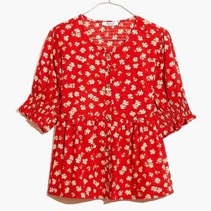 Madewell Puff-Sleeve Button-Front Top in Swiss Dot Happy Hibiscus